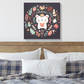 Cute Boho Autumn Bear wreath Wall Decal Canvas Print