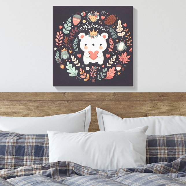 Cute Boho Autumn Bear wreath Wall Decal Canvas Print (Insitu(Bedroom))