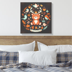Cute Boho Autumn Bear wreath Wall Decal Canvas Print