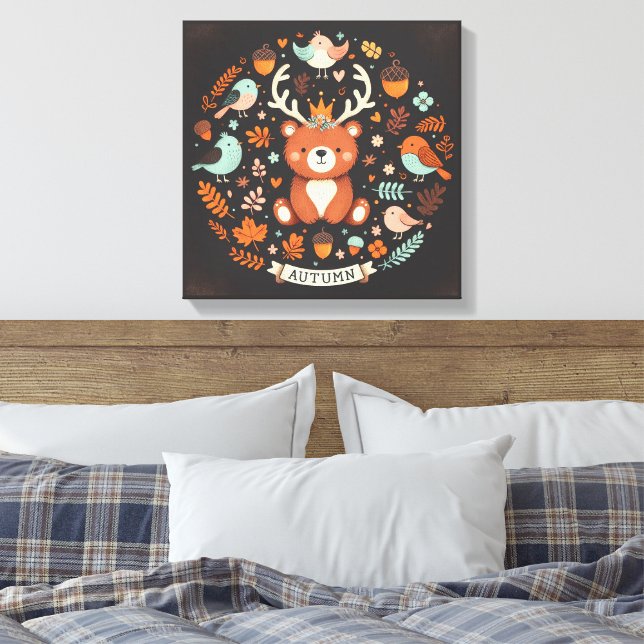 Cute Boho Autumn Bear wreath Wall Decal Canvas Print (Insitu(Bedroom))