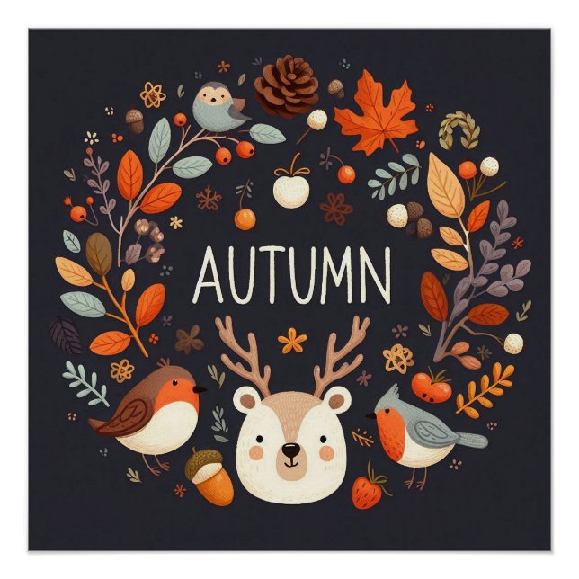 Cute Boho Autumn Deer wreath Wall Decal Poster (Front)