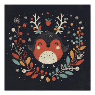 Cute Boho Autumn Robin wreath Wall Decal Poster