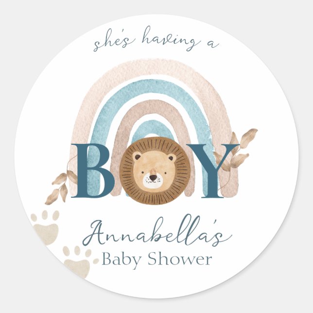 Cute Boho Baby Boy Lion Cub Pawprints Classic Round Sticker (Front)
