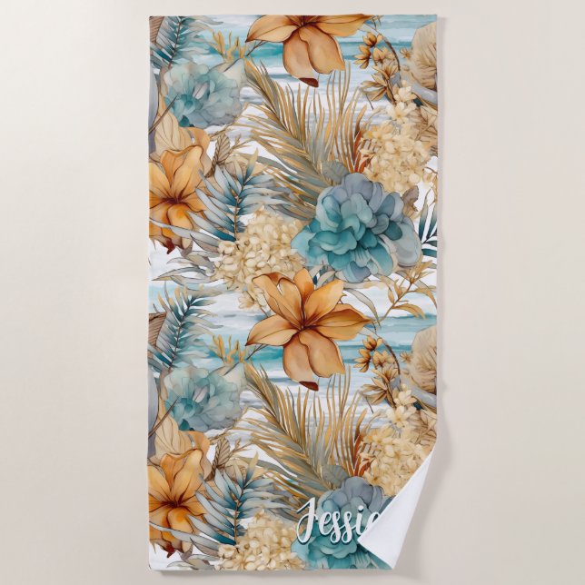 Cute Boho Beach Botanicals Blue Peach Florals Towel (Front)