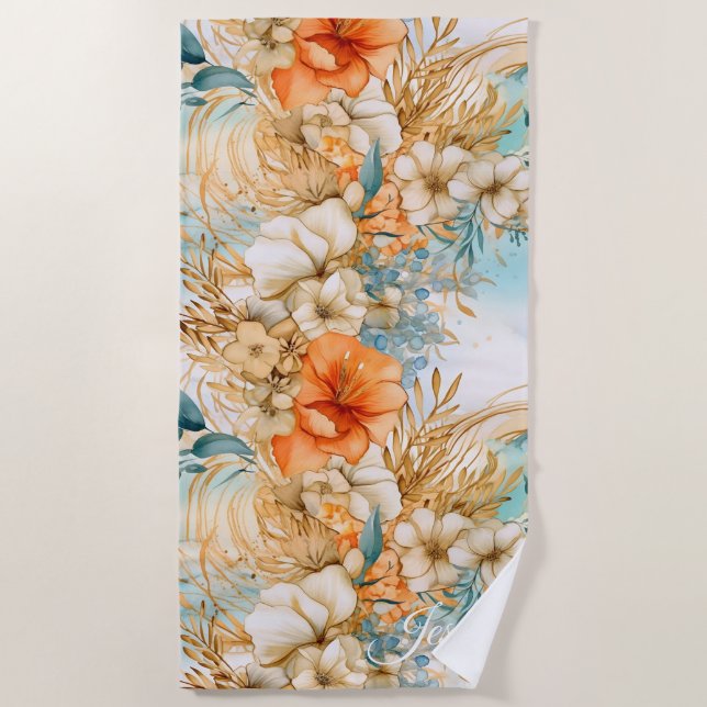 Cute Boho Beach Botanicals Blue Peach Florals Towel (Front)