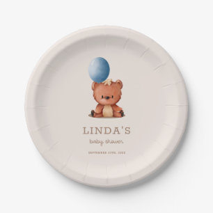 Cute Boho Bear Blue Balloon Baby Shower Paper Plate