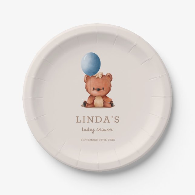 Cute Boho Bear Blue Balloon Baby Shower Paper Plate (Front)