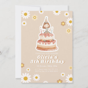 Cute Boho Beige Daisy Girl Birthday Invitation