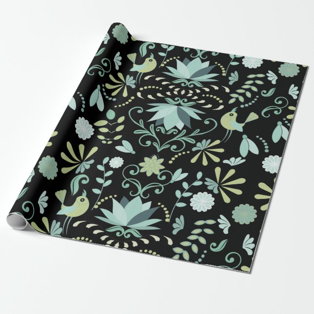 Cute boho birds flowers blue green black pattern wrapping paper (Unrolled)