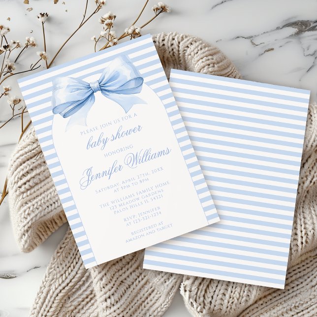 Cute Boho Blue Bow Baby Boy Shower Invitation (Creator Uploaded)