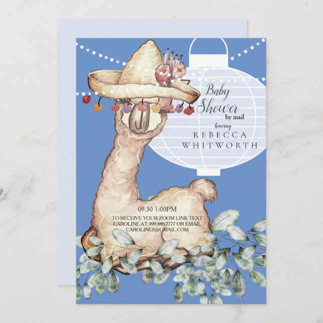 Cute Boho Blue Lampion Baby Shower by Mail Invitation (Front/Back)