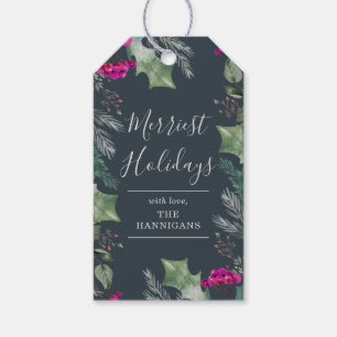 Cute Boho Blue Pink Botanical Holiday  Gift Tags