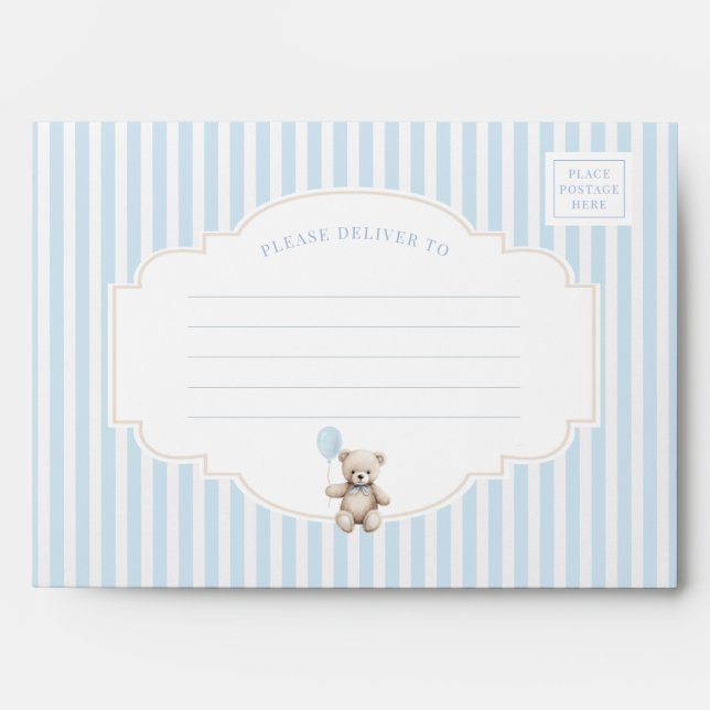 Cute boho blue teddy bear baby boy shower Envelope (Front)