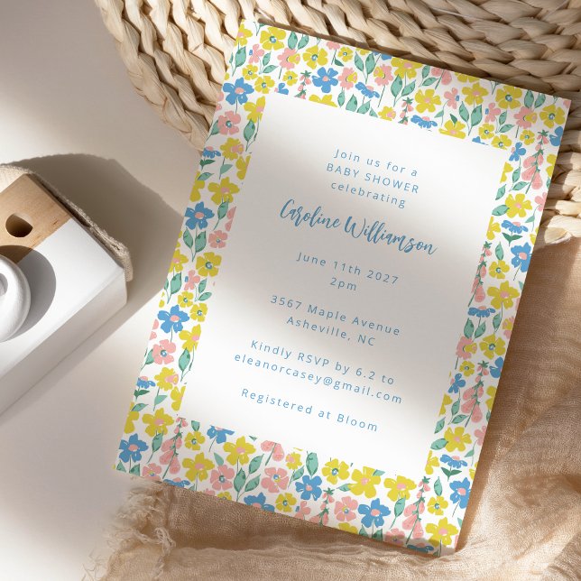 Cute Boho Blue Yellow Ditsy Floral Baby Shower Invitation (Creator Uploaded)
