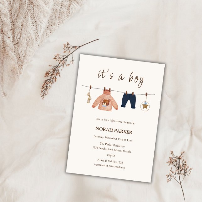 Cute Boho Boy Winter Clothes Baby Shower  Invitation (Cute Boho Boy Winter Clothes Baby Shower Invitation)