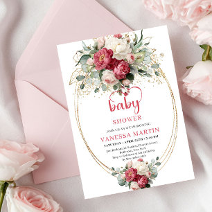Cute Boho Burgundy Blush Greenery Gold Floral Baby Invitation