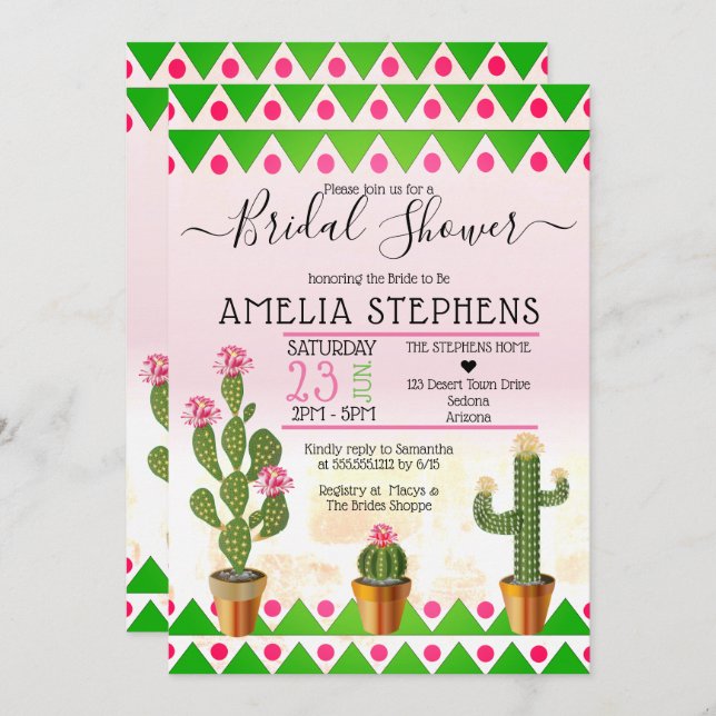 Cute Boho Chic Cactus Tribal Bridal Shower Invitation (Front/Back)