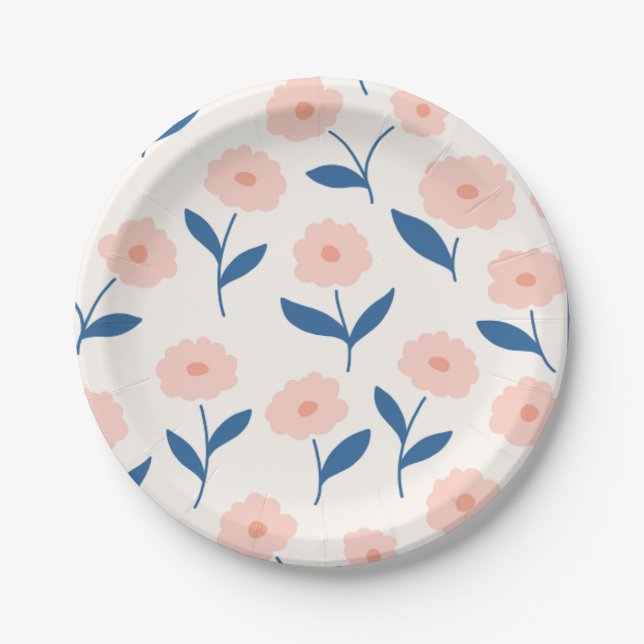 Cute Boho Chic Pink Flowers Pattern  Paper Plate (Front)