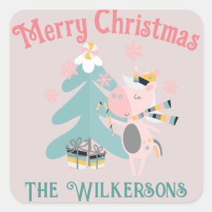 Cute Boho Christmas Unicorn on Blush Pink Square Sticker