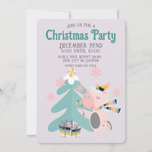 Cute Boho Christmas Unicorn on Lavender Purple Invitation (Front)