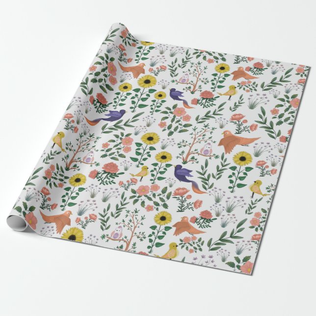 Cute Boho Colourful Birds and Floral Pattern Wrapping Paper (Unrolled)