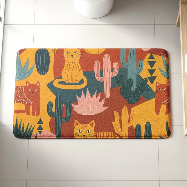 Cute Boho Desert Cats Cactus Succulent Pattern Bath Mat (Creator Uploaded)