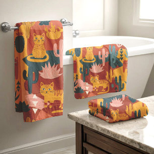Cute Boho Desert Cats Cactus Succulent Pattern Bath Towel Set