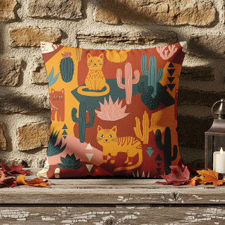 Cute Boho Desert Cats Cactus Succulent Pattern Cushion