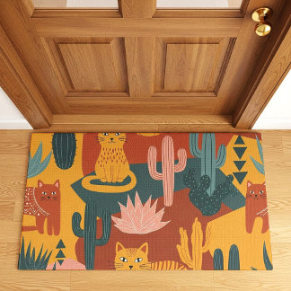 Cute Boho Desert Cats Cactus Succulent Pattern Doormat