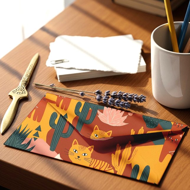 Cute Boho Desert Cats Cactus Succulent Pattern Envelope (Creator Uploaded)