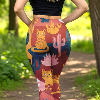 Cute Boho Desert Cats Cactus Succulent Pattern Leggings