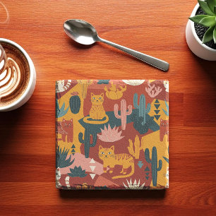 Cute Boho Desert Cats Cactus Succulent Pattern Stone Coaster