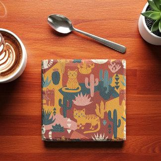 Cute Boho Desert Cats Cactus Succulent Pattern Stone Coaster
