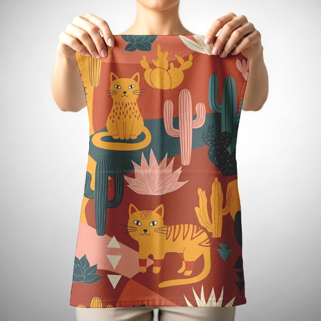 Cute Boho Desert Cats Cactus Succulent Pattern Tea Towel (Creator Uploaded)