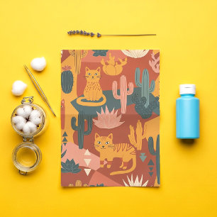 Cute Boho Desert Cats Cactus Succulent Pattern Tissue Paper