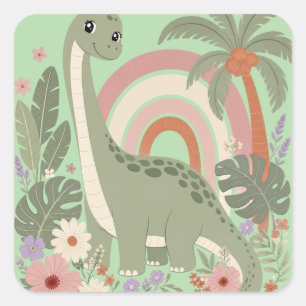 Cute Boho Dinosaur Pastel Rainbow Dino Floral Square Sticker