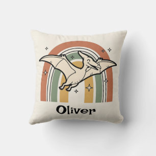 Cute Boho Earth Tone Flying Dinosaur & Rainbow Cushion