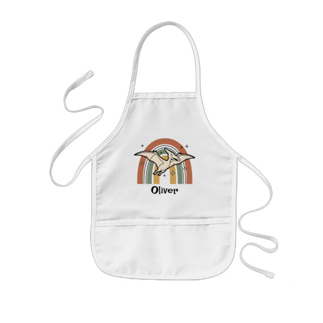 Cute Boho Earth Tone Flying Dinosaur & Rainbow Kids Apron (Front)