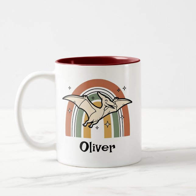 Cute Boho Earth Tone Flying Dinosaur & Rainbow Two-Tone Coffee Mug (Left)
