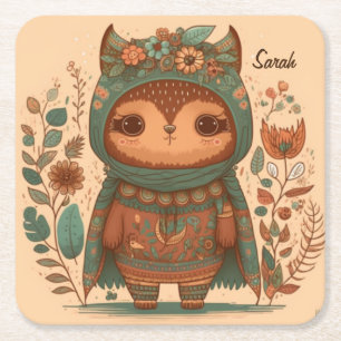 Cute boho floral owl custom beverage coaster
