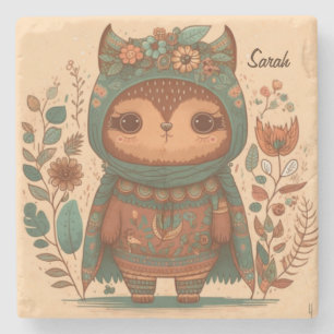 Cute boho floral owl custom stone coaster