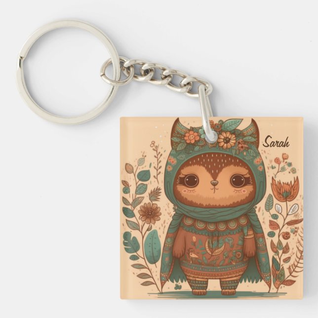 Cute boho floral owl   key ring (Front)