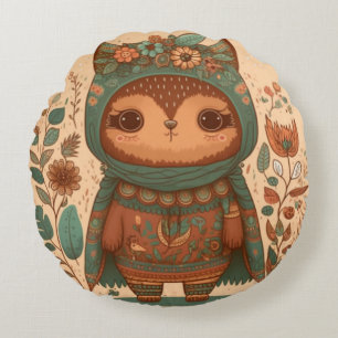 Cute boho floral owl round cushion