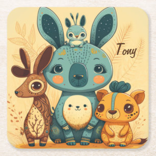 Cute boho floral rabbit square paper coaster