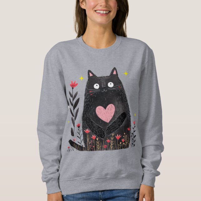 Cute Boho Floral Watercolor Black Cat Girlie Sweatshirt (Front)