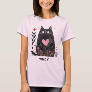 Cute Boho Floral Watercolor Black Cat Personalised T-Shirt
