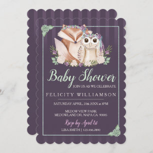 Cute Boho Forest Fox & Owl Baby Shower Invitation