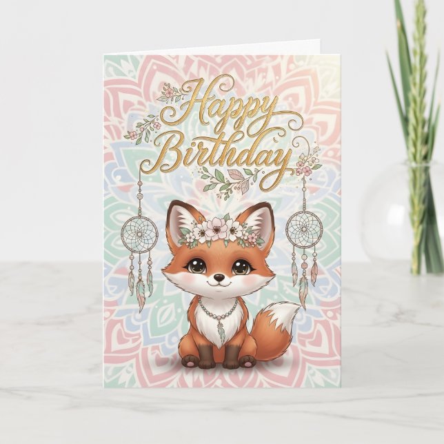 Cute Boho Fox Happy Birthday Card with Dreamcatche (Front)