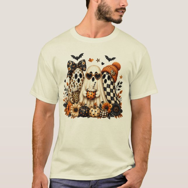 Cute Boho Ghosts Sunflower Halloween T-Shirt (Front)