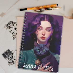Cute Boho Girl, Purple-hair, Black Cat, Monogram Notebook